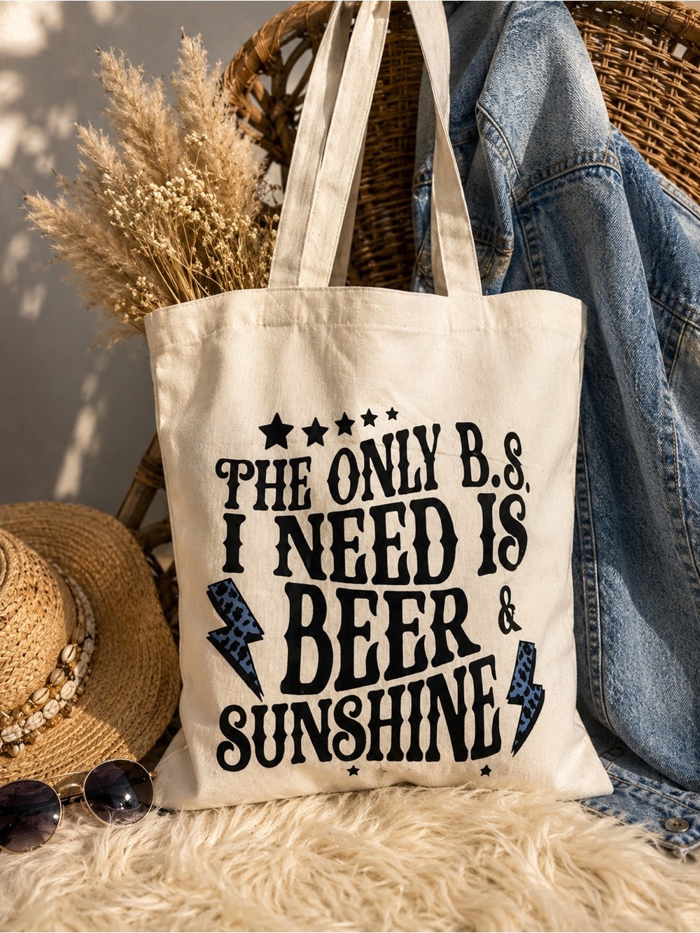 Beer & Sunshine Canvas Tote Bag Western Boho Market Beach Bag